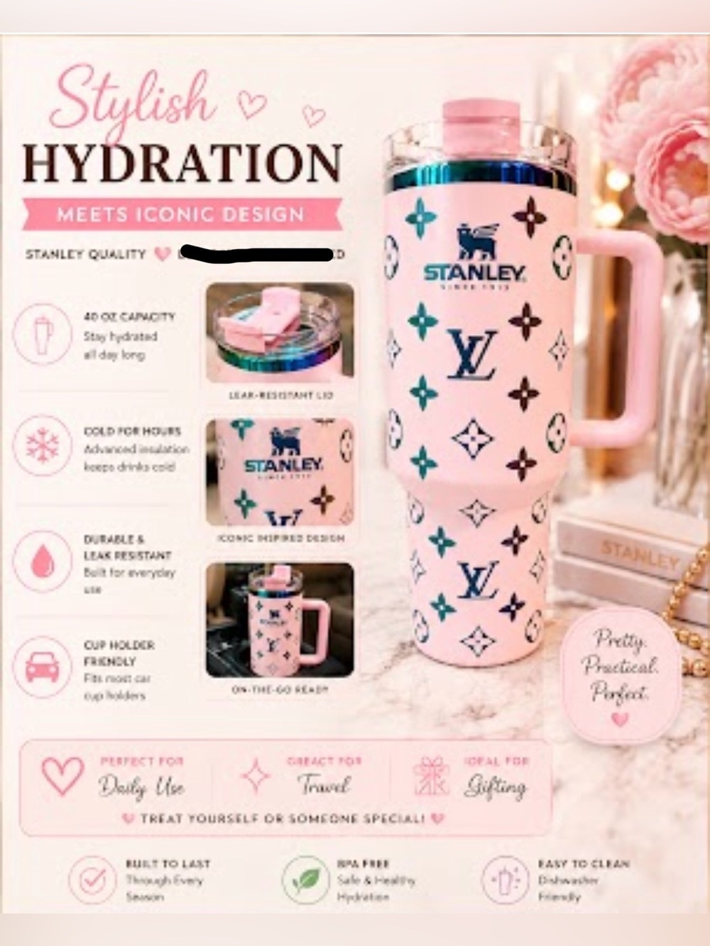 Stanley LIGHT PINK laser engraved Tumblr new inbox NWT